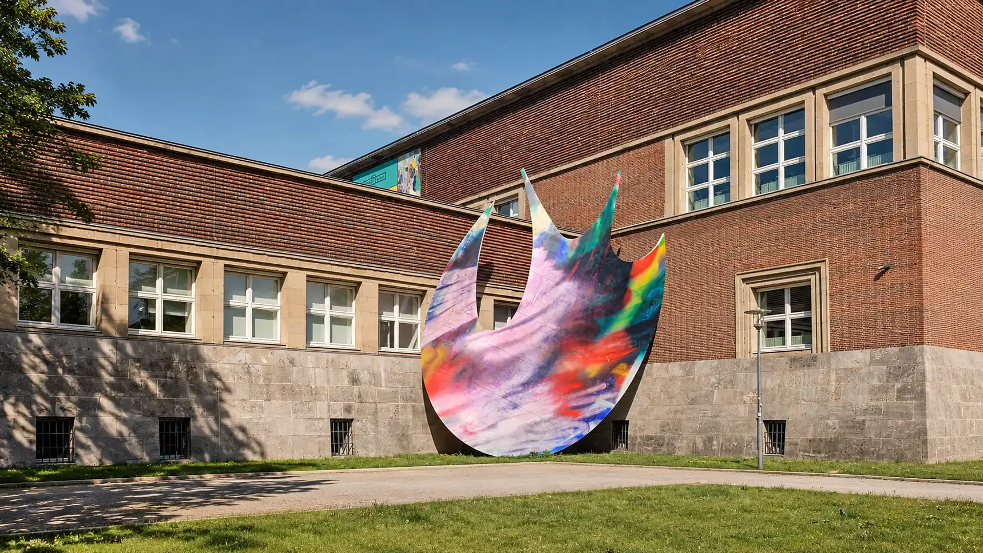 Contemporary art sculpture displayed in front of a historic brick building, illustrating the connection between European architecture, cultural heritage, and contemporary creativity