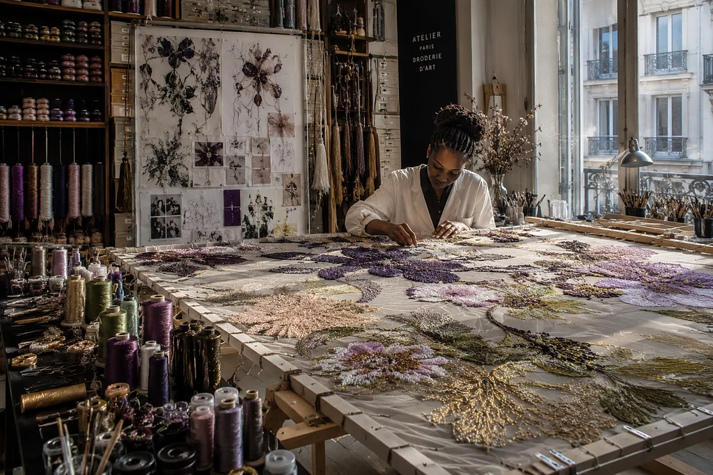 Master craftsperson's workshop in a European atelier, showing traditional tools and materials