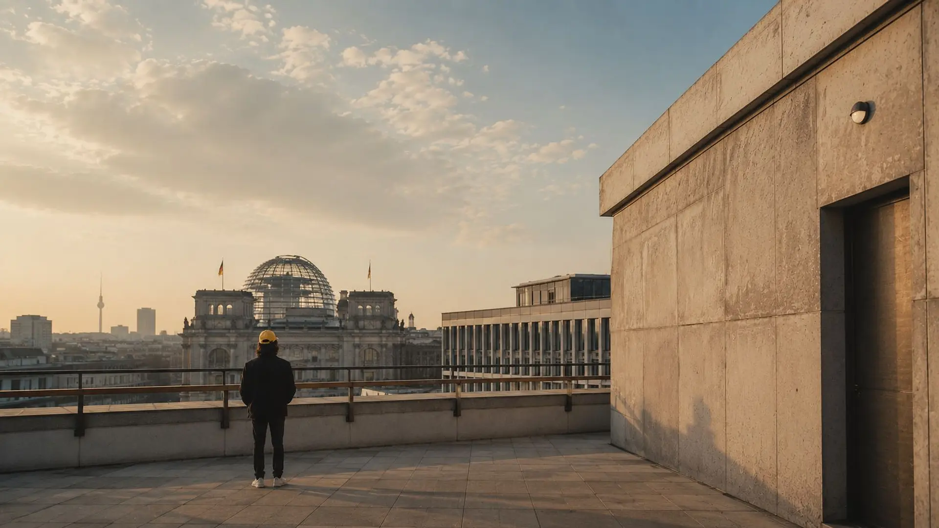 Mizter Rad overlooking the Reichstag dome from a Berlin rooftop at sunrise