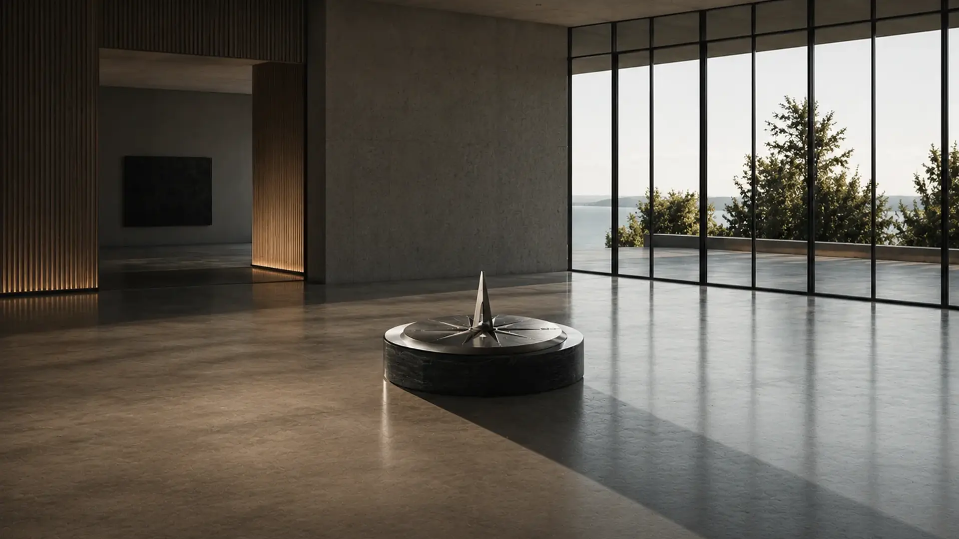 Sculptural compass installation symbolizing cultural strategy and directional conviction