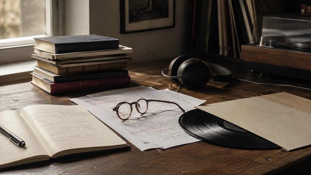 Research notes, books and a vinyl record on a desk, illustrating what makes a brand authentic through culture and research.
