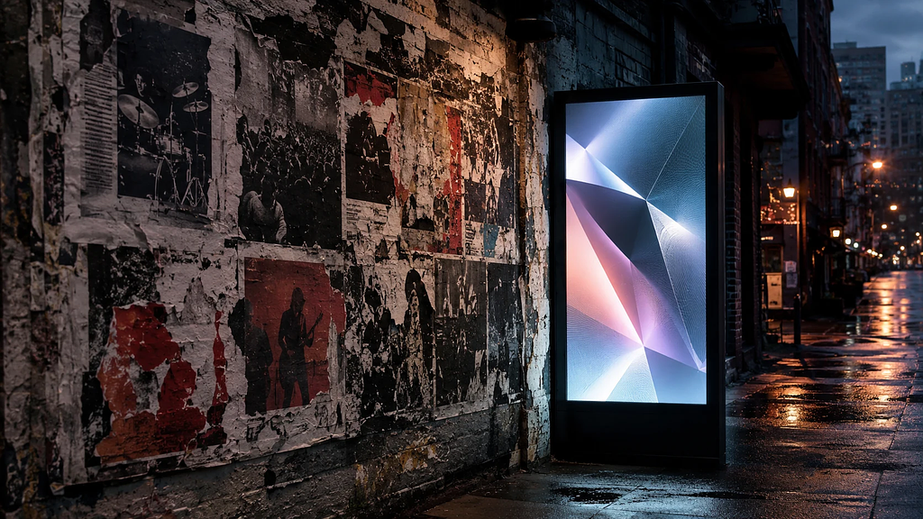 Rainy city street with torn music posters and a glowing digital display, illustrating what makes a brand authentic in an age of AI-generated content.