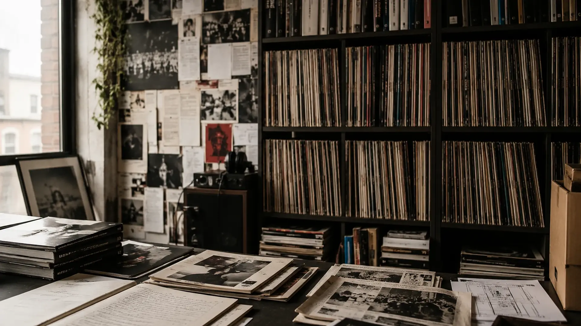 Music and culture archive with vinyl records, books, magazines and research notes, representing what makes a brand authentic through cultural context.