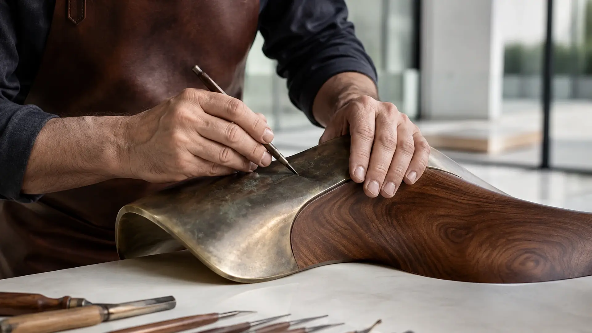 Craftsman finishing a premium bronze and walnut object in a minimalist atelier