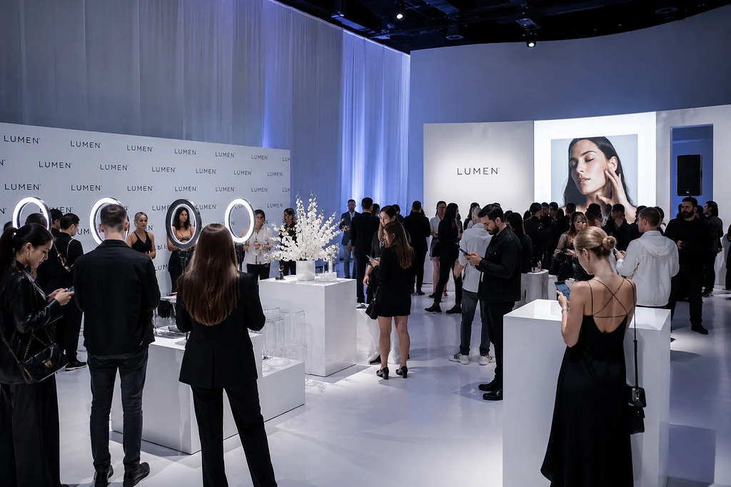 A generic brand activation event with branded banners and low audience engagement